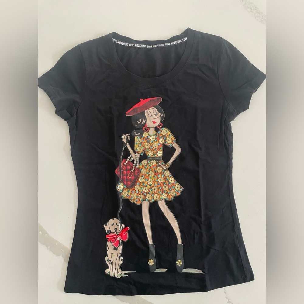 Love Moschino Black Tee with Vibrant Graphic